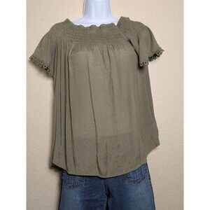 Harvé Benard Olive Green Smocked Off Shoulder Top Size Large Boho Cottagecore